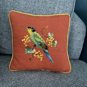 Vintage bird floral needlepoint throw accent pillow
